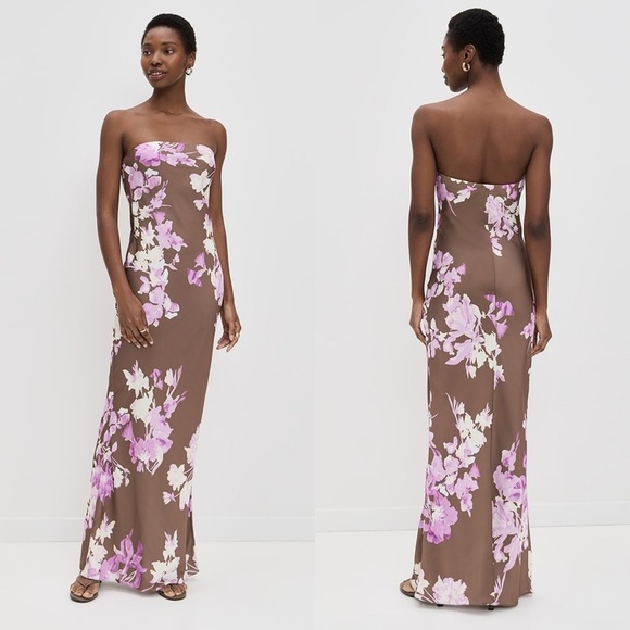 NWT Rococo Sand Stunning Satin Floral Strapless Maxi Dress Brown Pink FLAW Sz XS - Picture 14 of 16